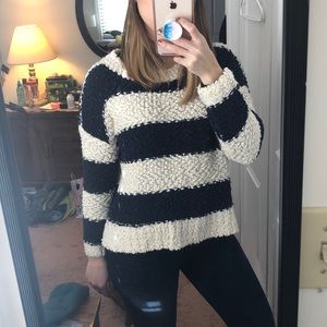 Hi low hem teddy fuzzy striped sweater